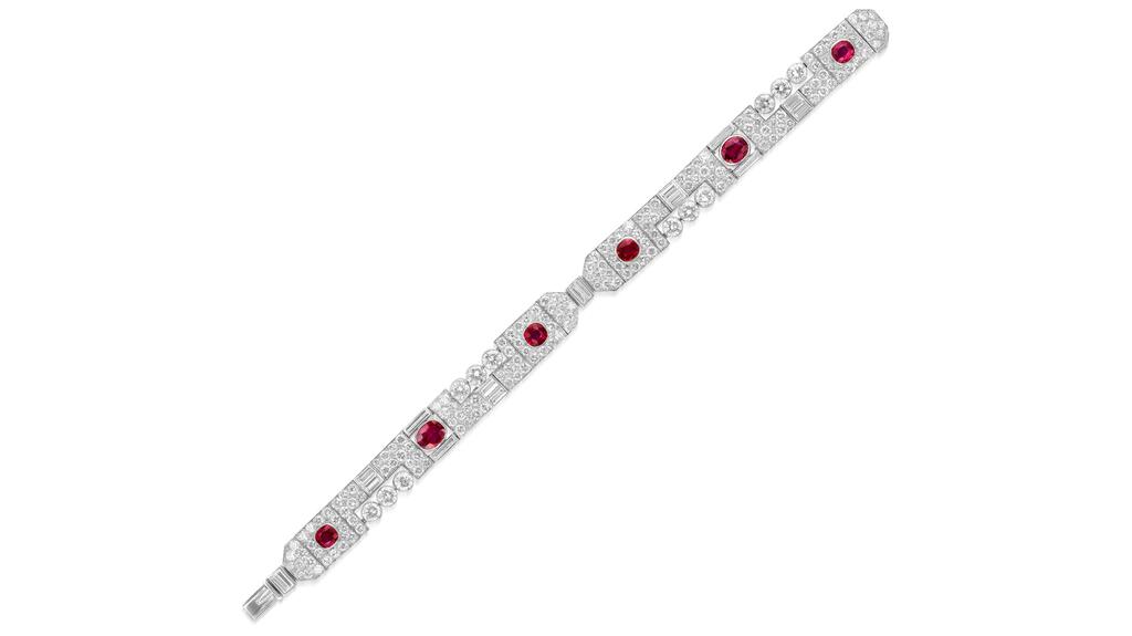 A Cartier bracelet from the 1920s set with oval and cushion-shaped rubies with old European-, circular-cut and baguette diamonds 1920s Cartier ruby and diamond bracelet